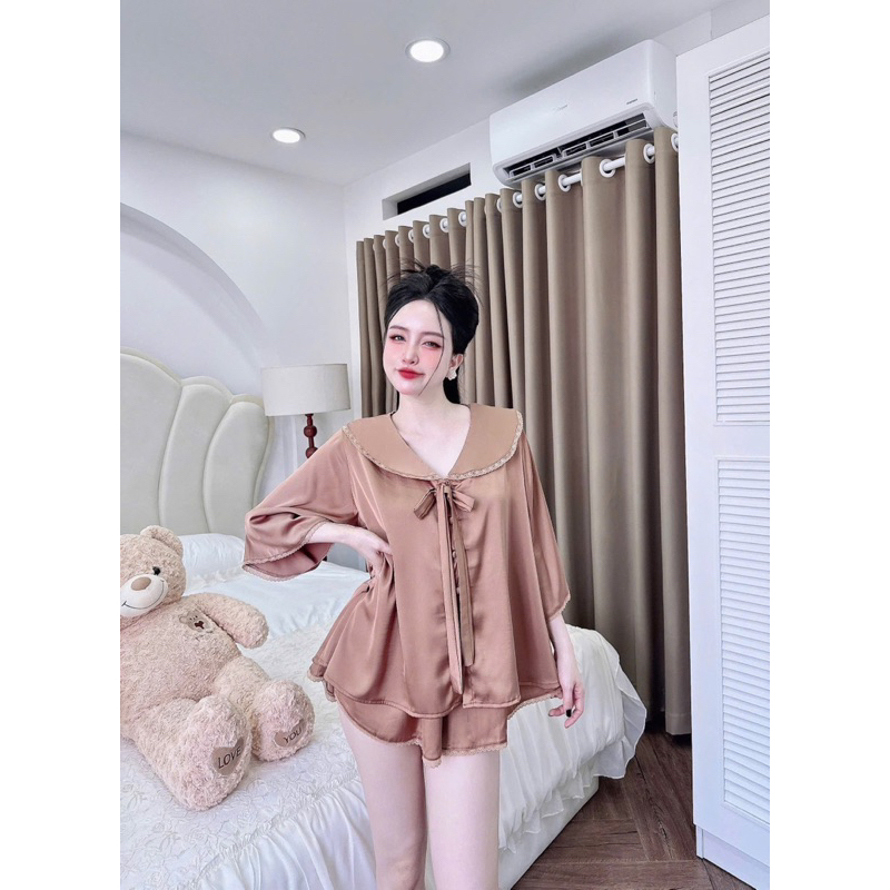Bộ Đùi Trơn Tay Loe Viền Cổ Nơ Ngực lụa mịn pijama mặc nhà cho nữ