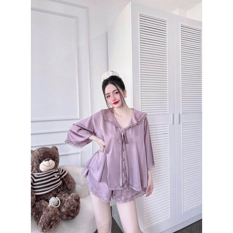 Bộ Đùi Trơn Tay Loe Viền Cổ Nơ Ngực lụa mịn pijama mặc nhà cho nữ