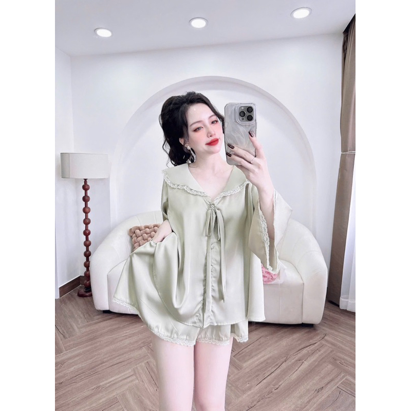 Bộ Đùi Trơn Tay Loe Viền Cổ Nơ Ngực lụa mịn pijama mặc nhà cho nữ