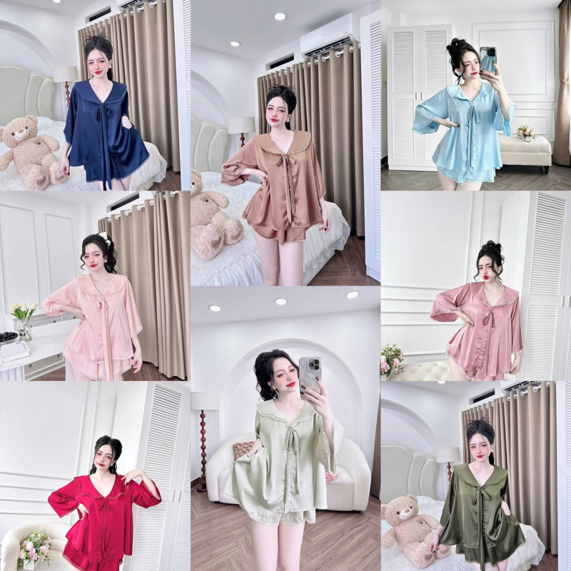 Bộ Đùi Trơn Tay Loe Viền Cổ Nơ Ngực lụa mịn pijama mặc nhà cho nữ