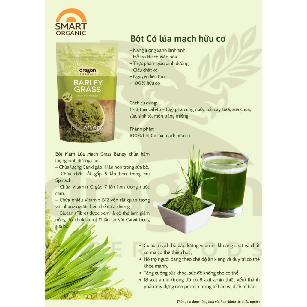 Bột cỏ lúa mạch hữu cơ Dragon Superfoods/ Diet-food Barley Grass Powder