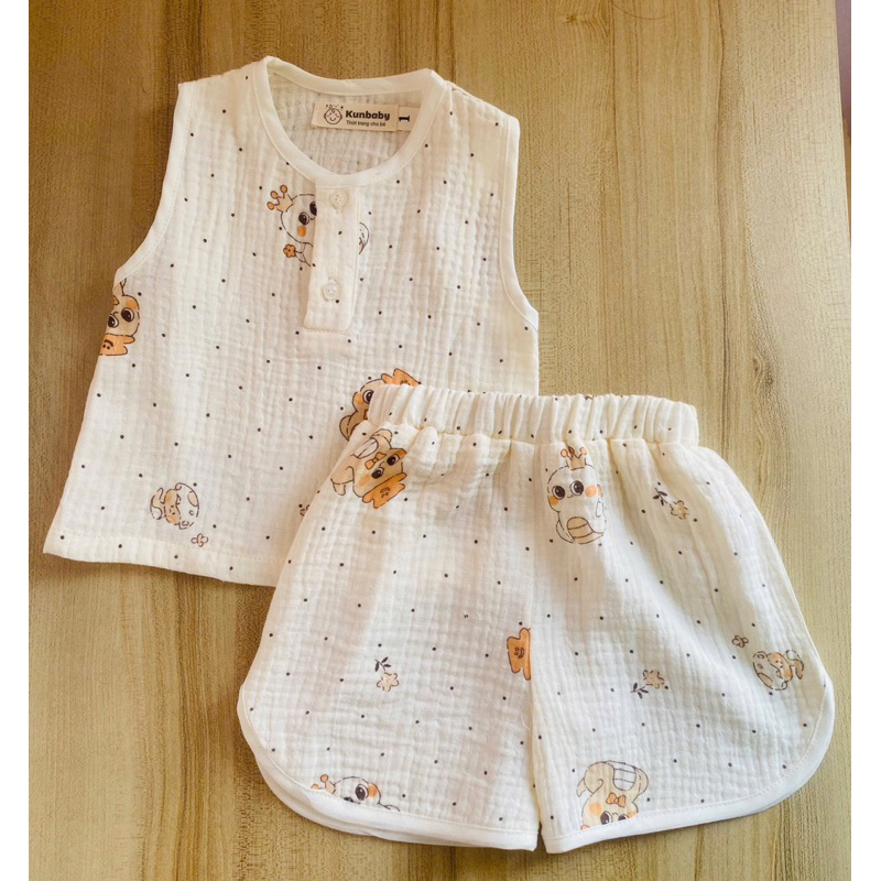 Bộ sát nách cho bé Kunbaby chất xô muslin cao cấp họa tiết dễ thương,size từ 0m-20kg.