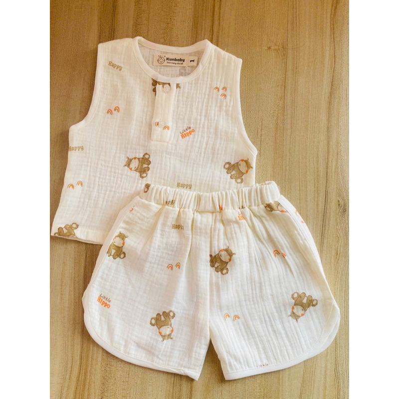 Bộ sát nách cho bé Kunbaby chất xô muslin cao cấp họa tiết dễ thương,size từ 0m-20kg.
