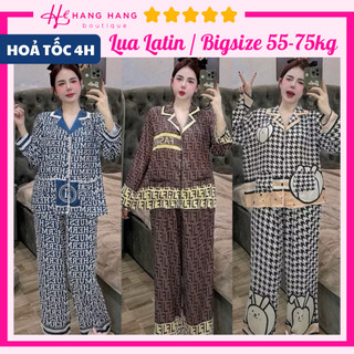 Bộ đồ ngủ pijama nữ bigsize 55-75kg dài tay chạy viền ren cổ lụa latin mịn mát 75DD18 đồ mặc nhà dễ thương sang chảnh