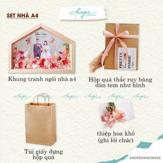 Set hộp quà khung ảnh hoa khô ngôi nhà làm quà tặng đám cưới cô dâu chú rể để bàn, treo tường