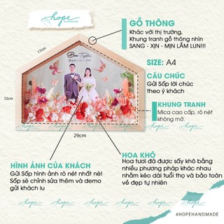Set hộp quà khung ảnh hoa khô ngôi nhà làm quà tặng đám cưới cô dâu chú rể để bàn, treo tường