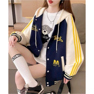 Áo Khoác NỈ BOMBER phối NÓN Có Nút BẤM Chữ Thêu PHONG CÁCH