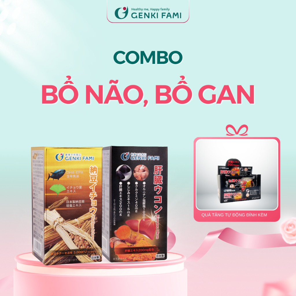 Ảnh Combo Viên Uống Phòng Ngừa Đột Quỵ, Bổ Não Natto Ichou, Bổ Gan, Giảm Căng Thẳng Mệt Mỏi Kanzo Ukon Genki Fami Nhật Bản 1