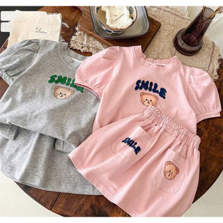 [B&G] Sét áo thun tay bồng gấu Smile kèm chân váy 2 màu hồng- xám cho bé gái từ 10-40kg(1-11 tuổi)