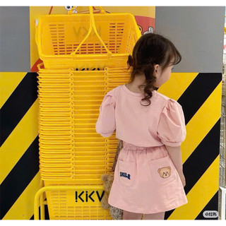 [B&G] Sét áo thun tay bồng gấu Smile kèm chân váy 2 màu hồng- xám cho bé gái từ 10-40kg(1-11 tuổi)