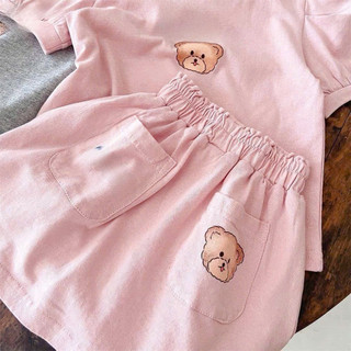 [B&G] Sét áo thun tay bồng gấu Smile kèm chân váy 2 màu hồng- xám cho bé gái từ 10-40kg(1-11 tuổi)