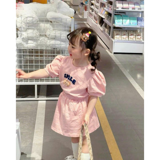 [B&G] Sét áo thun tay bồng gấu Smile kèm chân váy 2 màu hồng- xám cho bé gái từ 10-40kg(1-11 tuổi)