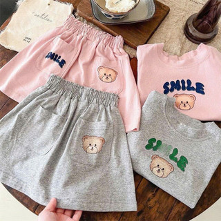 [B&G] Sét áo thun tay bồng gấu Smile kèm chân váy 2 màu hồng- xám cho bé gái từ 10-40kg(1-11 tuổi)