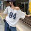 Áo Thun Nữ Dáng Rộng Lệch Vai, Áo Cộc Tay In Số 84 Cổ Lệch Chất Thun Cotton Dày Dặn Form Rộng Cho Nữ