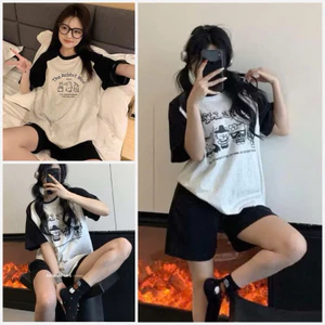 Set bộ đồ nữ mùa hè , Bộ cộc nữ mùa hè hoạt hình phối raglan màu đen xám, đồ bộ mặc nhà, mặc đi chơi hè siêu mát