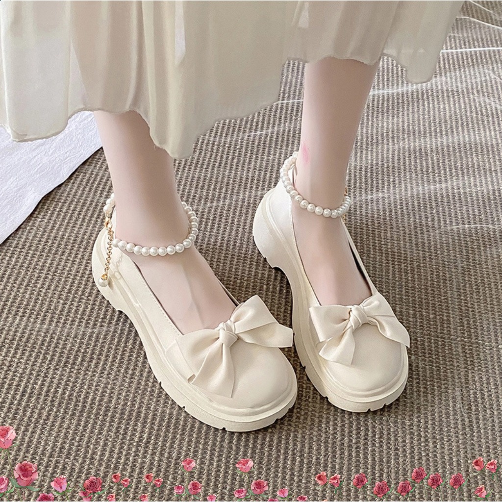 🔥Còn hàng🔥Giày Búp Bê Nữ Lolita 5p,Giày công chúa Quai ngọc Mũi Nơ Đế cao