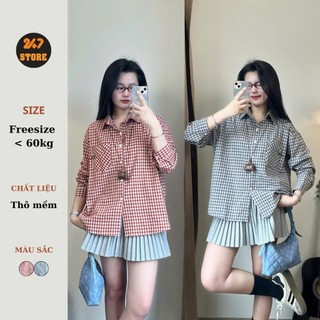 Áo sơ mi nữ tay dài caro phong cách Hàn Quốc form rộng - 247store
