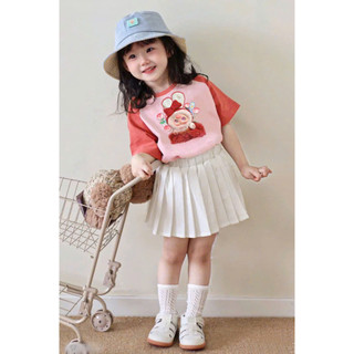 [B&G] Sét bộ baby three áo hồng cam kèm chân váy trắng xếp ly cho bé gái 12-42kg(2-12 tuổi)