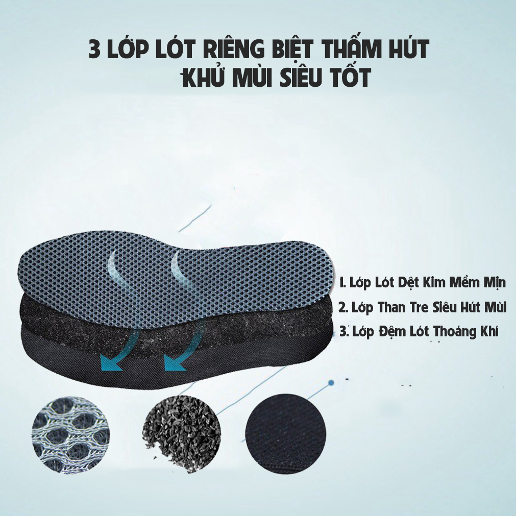 Combo 5 đôi Lót giày than tre 3 lớp Khử mùi, Thấm hút mồ hôi, Thoáng khí