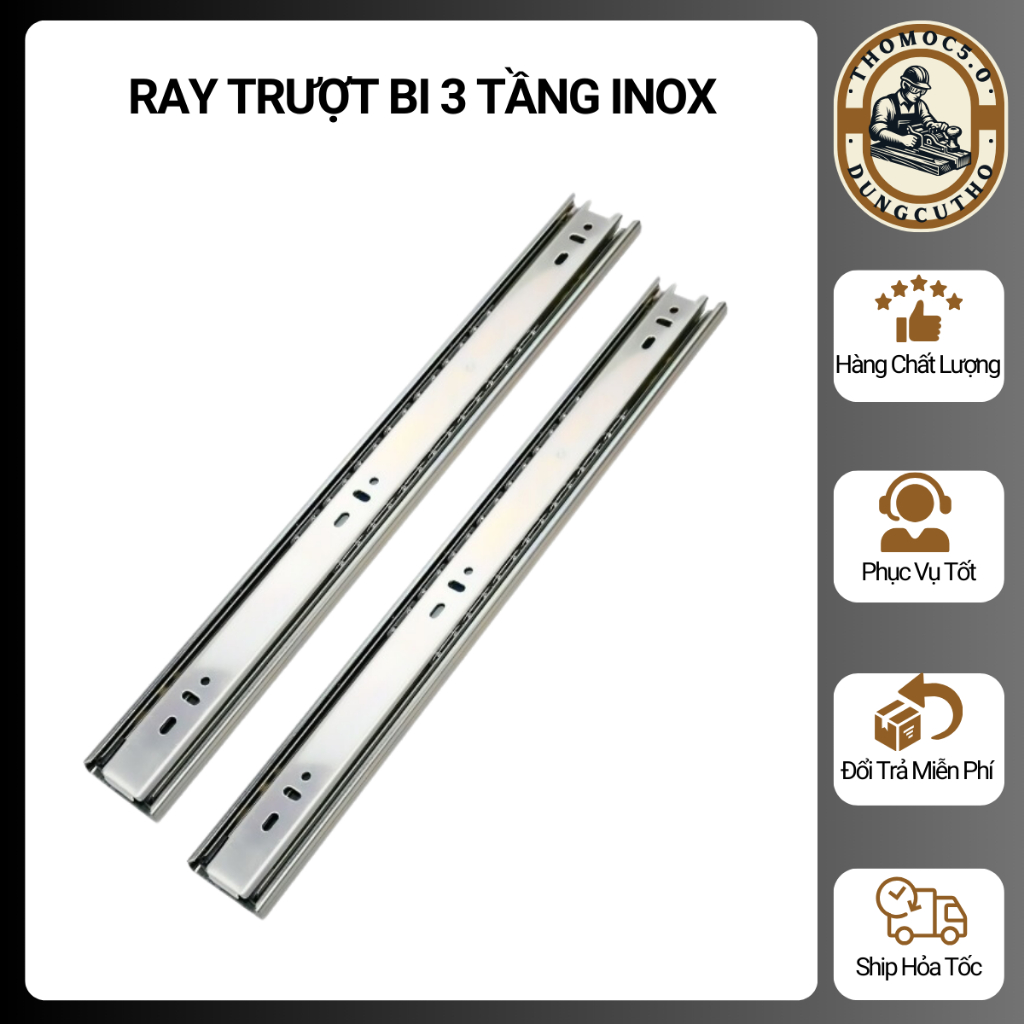 Ray trượt ngăn kéo, Ray bi trượt 3 tầng Thép/INOX SUS304 có giảm chấn  - Lắp ngăn kéo hộc tủ (1 cặp)