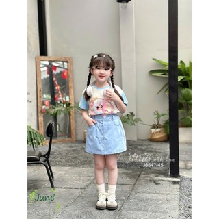 [B&G] Sét áo thun cotton trắng phối xanh in hình kèm chân váy kaki cho bé gái đi học đi chơi