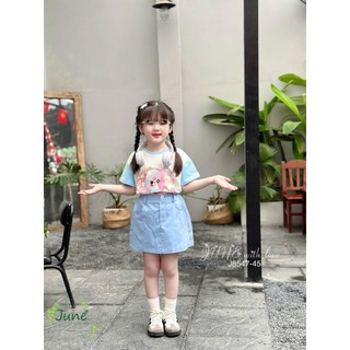 [B&G] Sét áo thun cotton trắng phối xanh in hình kèm chân váy kaki cho bé gái đi học đi chơi