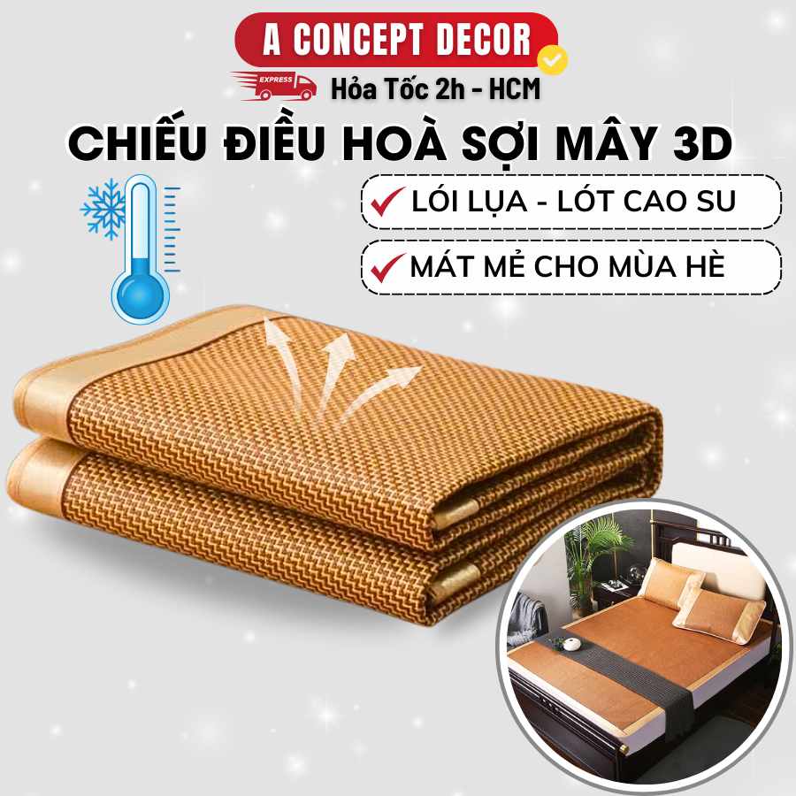 Ảnh Chiếu Điều Hoà Sợi Mây 3D Tự Nhiên Cao Cấp Mặt Sau Chiếu Mây Lót Lụa Nằm Ngủ Mát Lạnh Mùa Hè Êm Viền Vải Có Chun Cài Góc 1