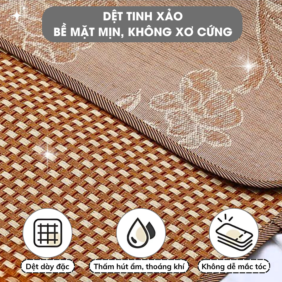 Ảnh Chiếu Điều Hoà Sợi Mây 3D Tự Nhiên Cao Cấp Mặt Sau Chiếu Mây Lót Lụa Nằm Ngủ Mát Lạnh Mùa Hè Êm Viền Vải Có Chun Cài Góc 3