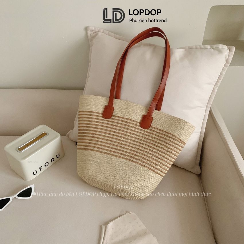 [MỞ BÁN]Combo Túi Mũ Cói Quai Da Sành Điệu, Mũ Đai Da Sang Trọng Kiểu Dáng Vintage Màu Nâu Be T16M01 LOPDOP