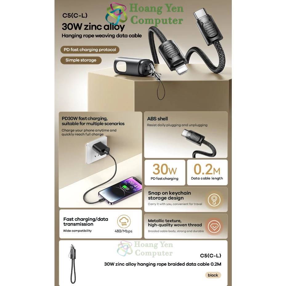 Cáp Sạc 20CM Remax C5, Remax C6 - Type C to Type C, Type C to Lighting  - Chính Hãng - Hoàng Yến Computer