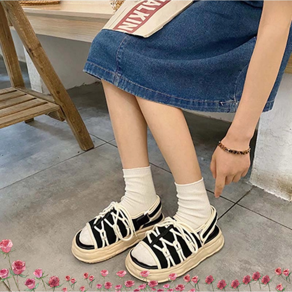 Giày nữ cỡ lớn Dép nữ hở mũi  vải canvas trắng và đen