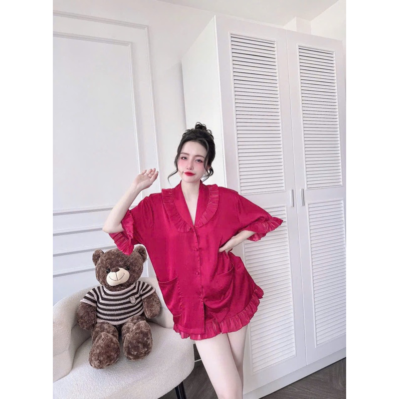 45-65kg set pijama đùi cổ sam phối voan óng tiểu thư lụa mịn nút bọc mát