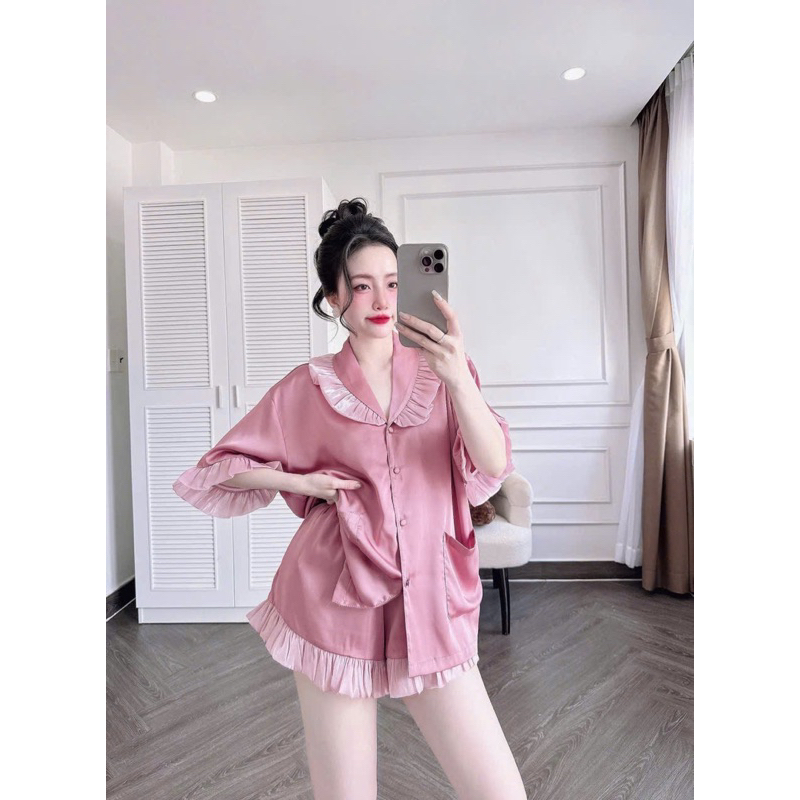 45-65kg set pijama đùi cổ sam phối voan óng tiểu thư lụa mịn nút bọc mát