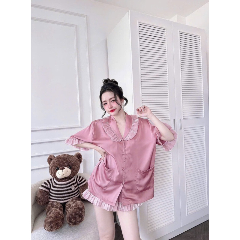 45-65kg set pijama đùi cổ sam phối voan óng tiểu thư lụa mịn nút bọc mát