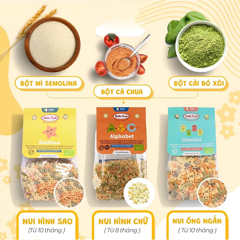 Nui Rau Củ Hữu Cơ Cho Bé Ăn Dặm Dalla Costa Organic Baby Pasta 200g