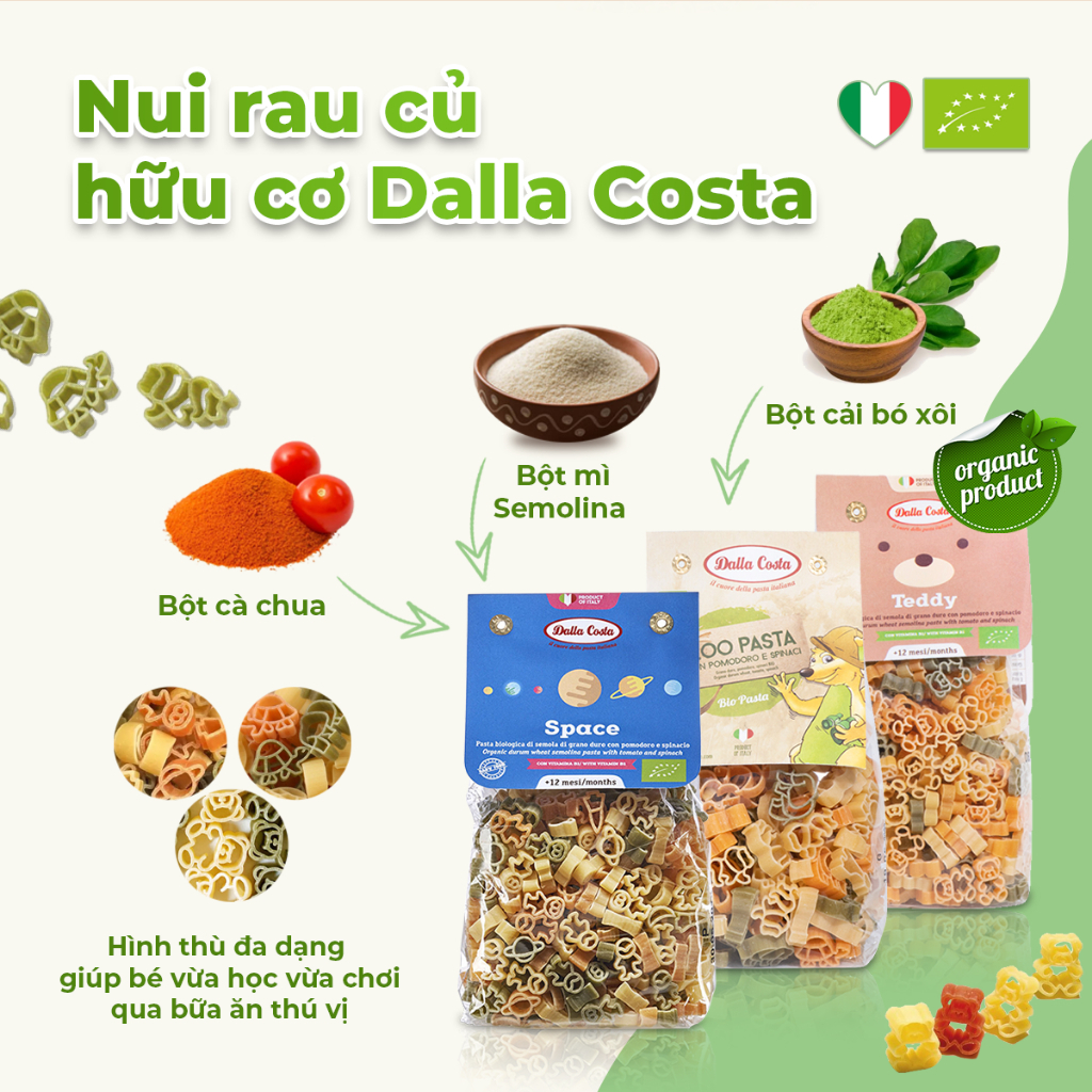 Nui Rau Củ Hữu Cơ Cho Bé Ăn Dặm Dalla Costa Organic Baby Pasta 200g