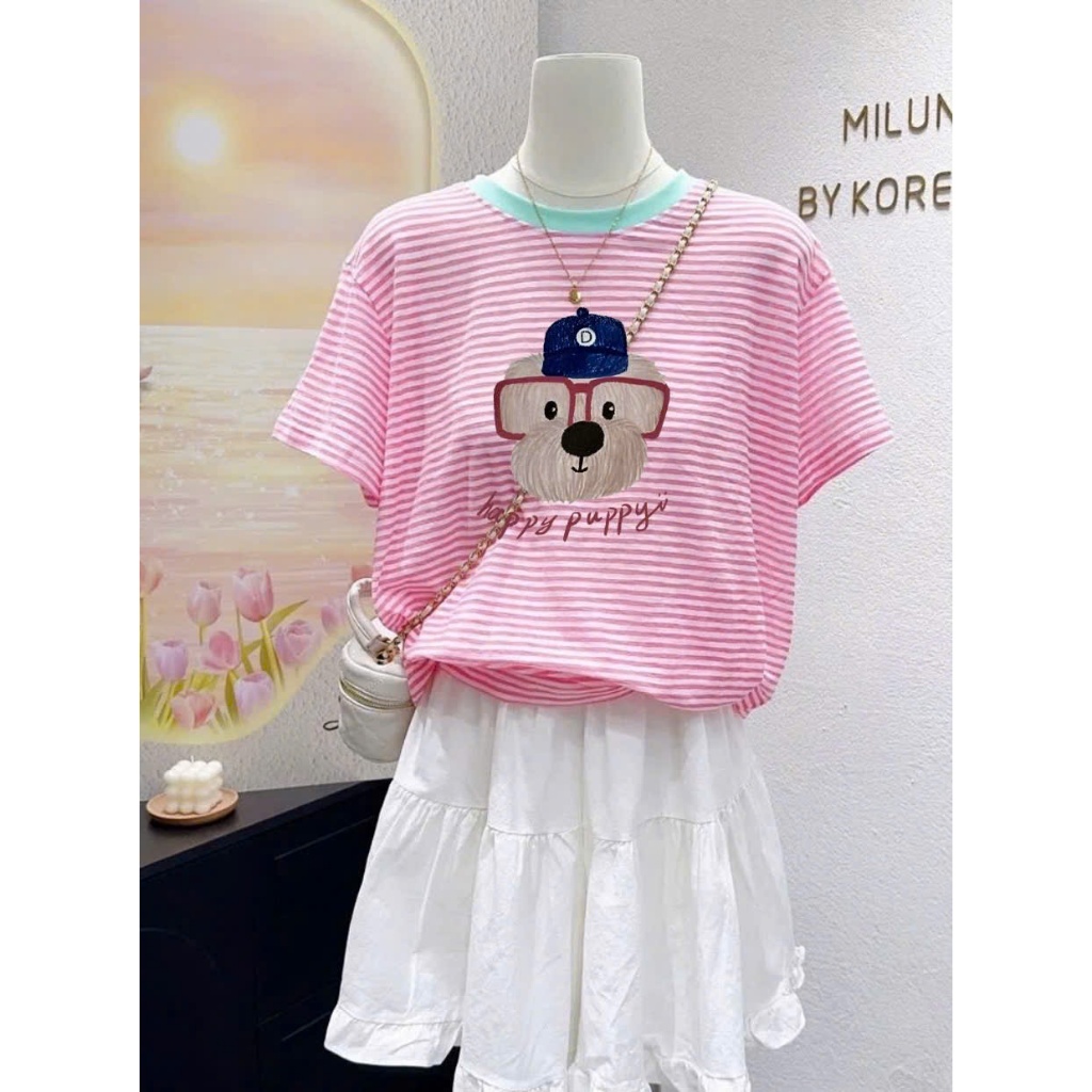 Áo thun nữ ngắn tay kẻ sọc in hình thời trang JULY fashion2023, Áo phông nữ sọc ngang chất cotton 4 chiều dày dặn