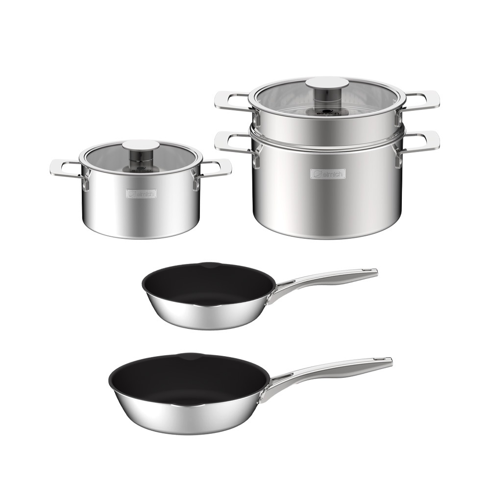 Bộ nồi Inox liền khối Elmich Hera size 18, nối hấp 22 chảo 20, chảo 26cm