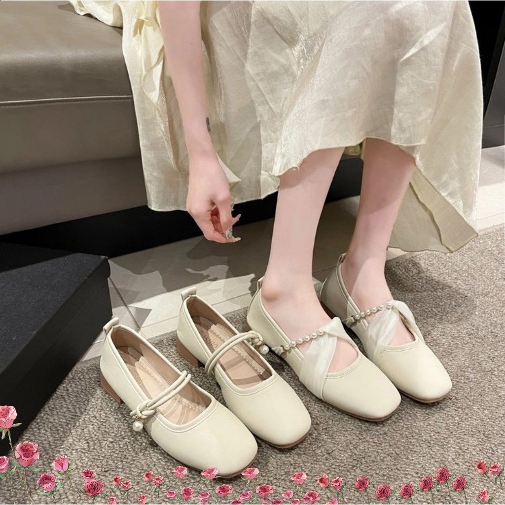 Giày mary jane gót thấp  đế mềm mũi vuông đính cườm