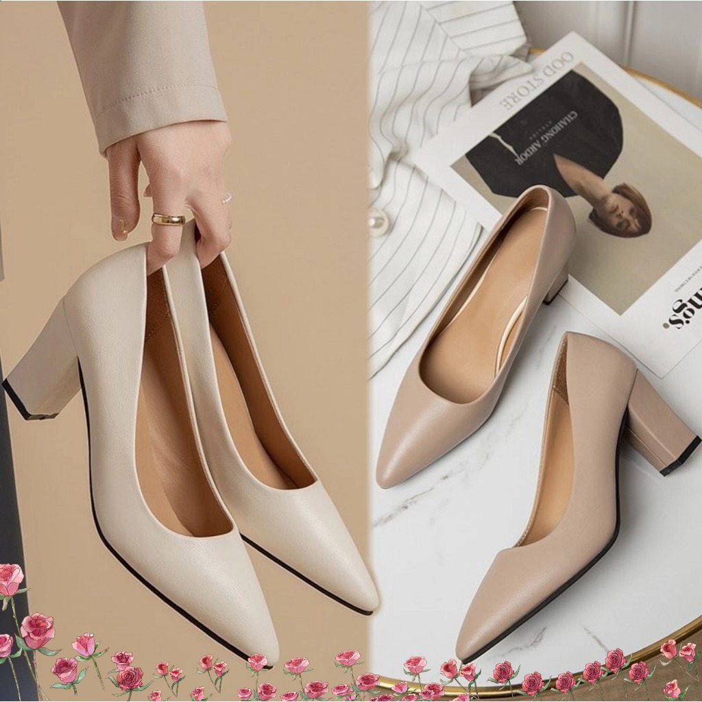 🔥Còn hàng🔥Giày cao gót 7 cm mũi nhọn thiết kế gót vuông, có 4 màu（ cỡ 35-42）
