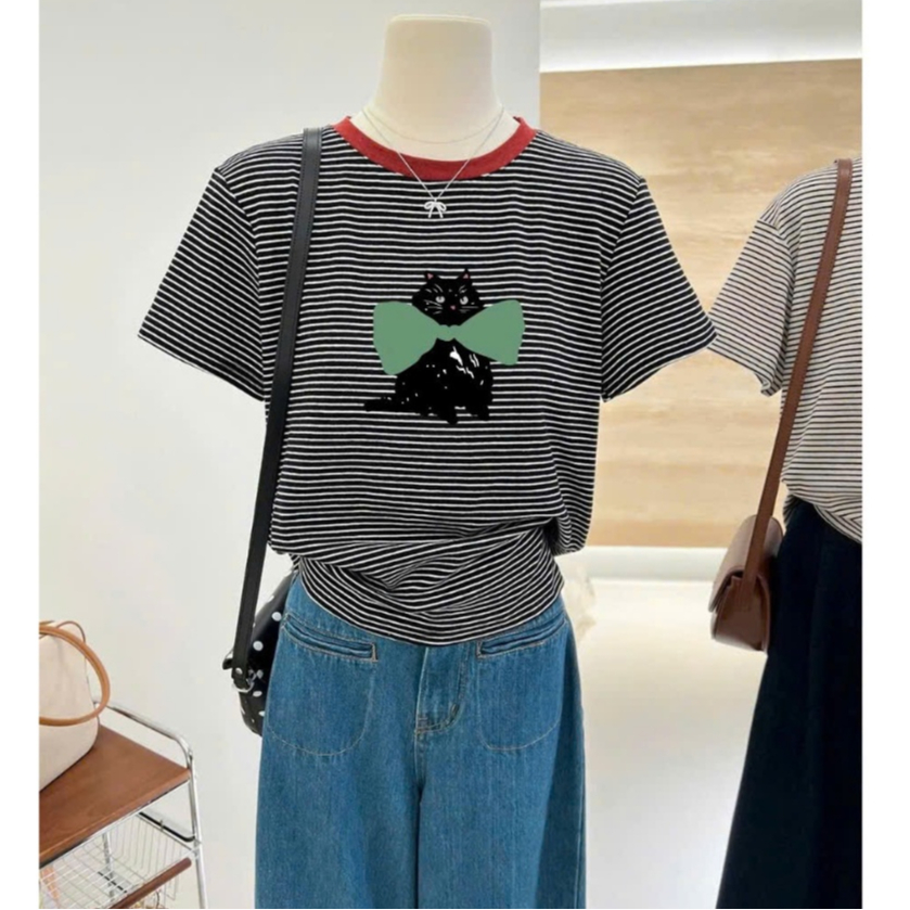 Áo thun nữ ngắn tay kẻ sọc in hình thời trang JULY fashion2023, Áo phông nữ sọc ngang chất cotton 4 chiều dày dặn