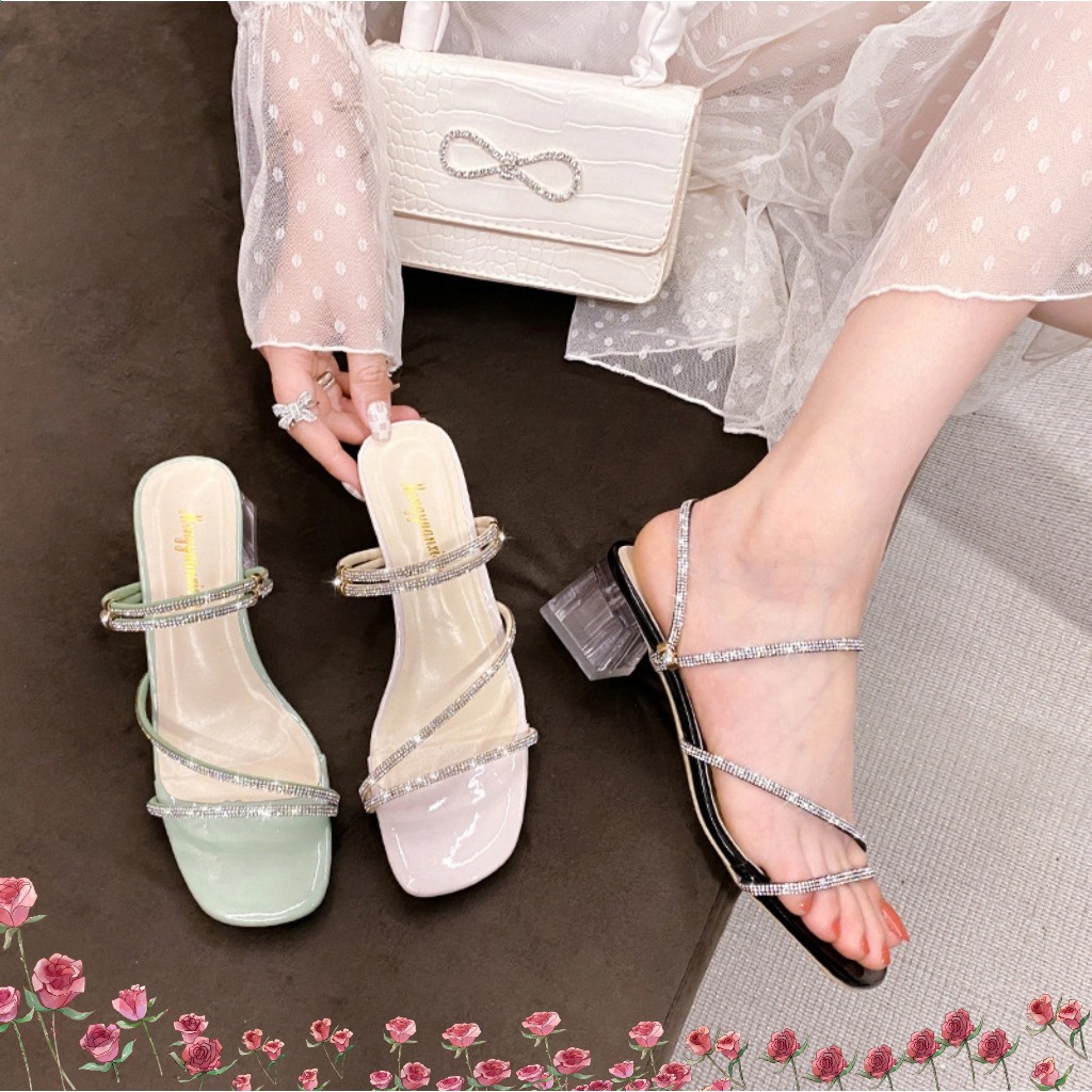 🔥Còn hàng🔥Giày sandal nữ cao gót mũi vuông xanh lá cây, trắng và đen（cỡ 37-40）