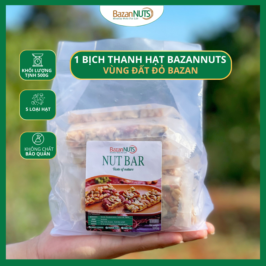 Thanh Năng Lượng Siêu Hạt Ít Ngọt BazanNuts Túi 16 Thanh 500gr - Bar Granola
