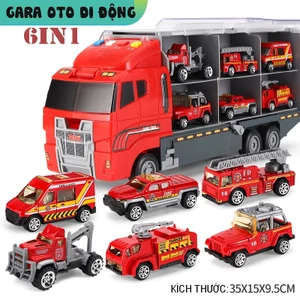 Bộ Đồ Chơi Xe Tải Chở Ô Tô 6 Trong 1, Gara Di Động Kèm 6 Xe Nhỏ Theo Chủ Đề Cứu Hỏa, Cảnh Sát