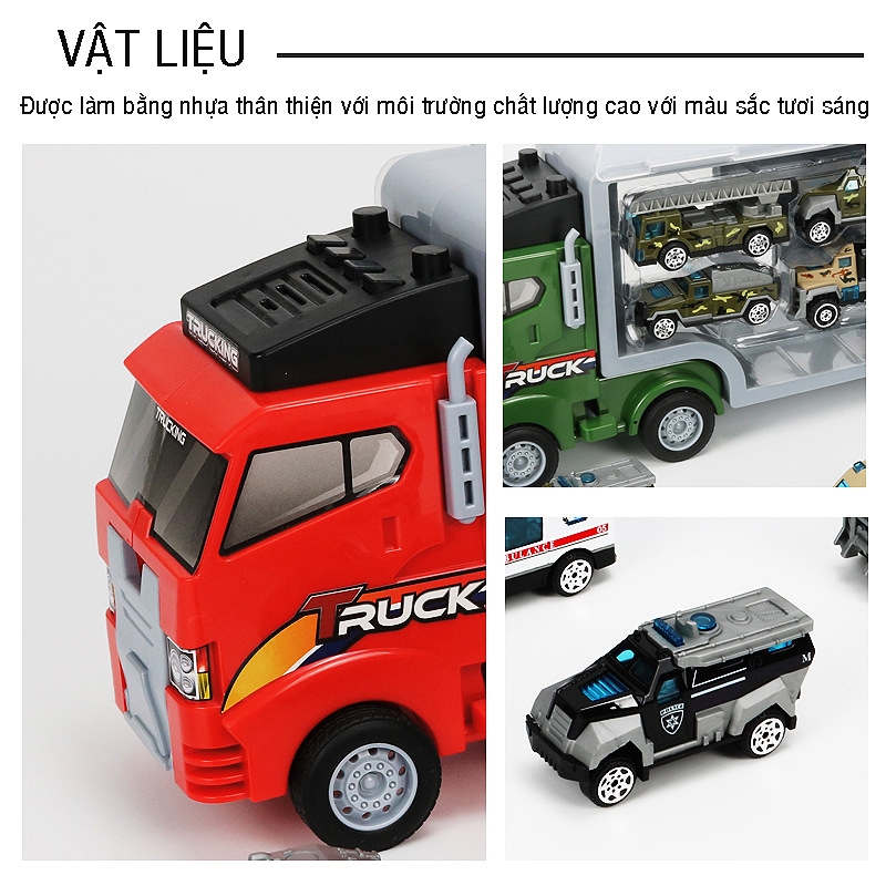 Bộ Đồ Chơi Xe Tải Chở Ô Tô 6 Trong 1, Gara Di Động Kèm 6 Xe Nhỏ Theo Chủ Đề Cứu Hỏa, Cảnh Sát