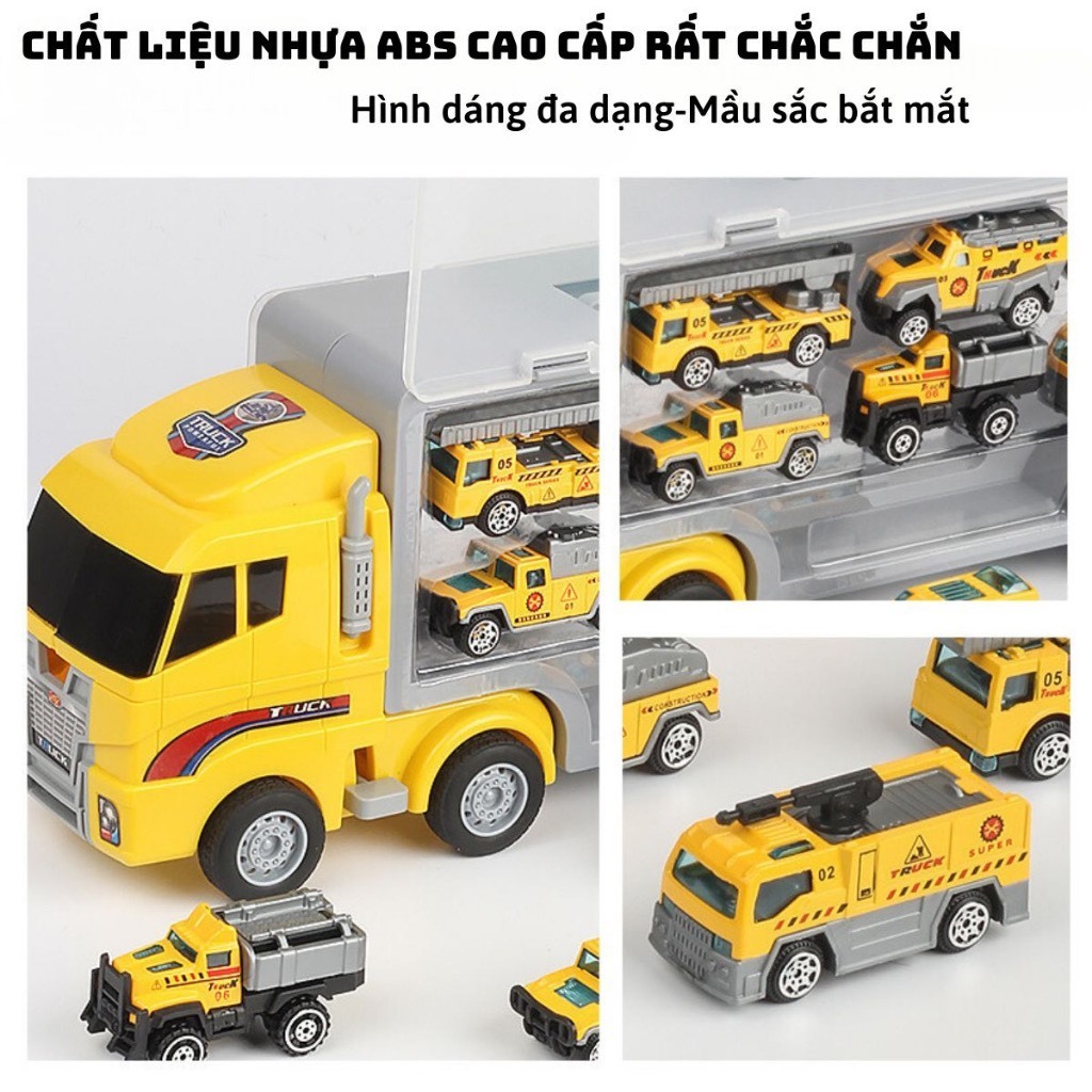 Bộ Đồ Chơi Xe Tải Chở Ô Tô 6 Trong 1, Gara Di Động Kèm 6 Xe Nhỏ Theo Chủ Đề Cứu Hỏa, Cảnh Sát