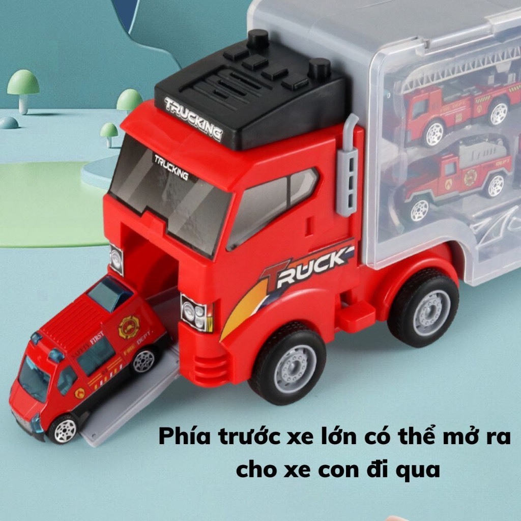 Bộ Đồ Chơi Xe Tải Chở Ô Tô 6 Trong 1, Gara Di Động Kèm 6 Xe Nhỏ Theo Chủ Đề Cứu Hỏa, Cảnh Sát