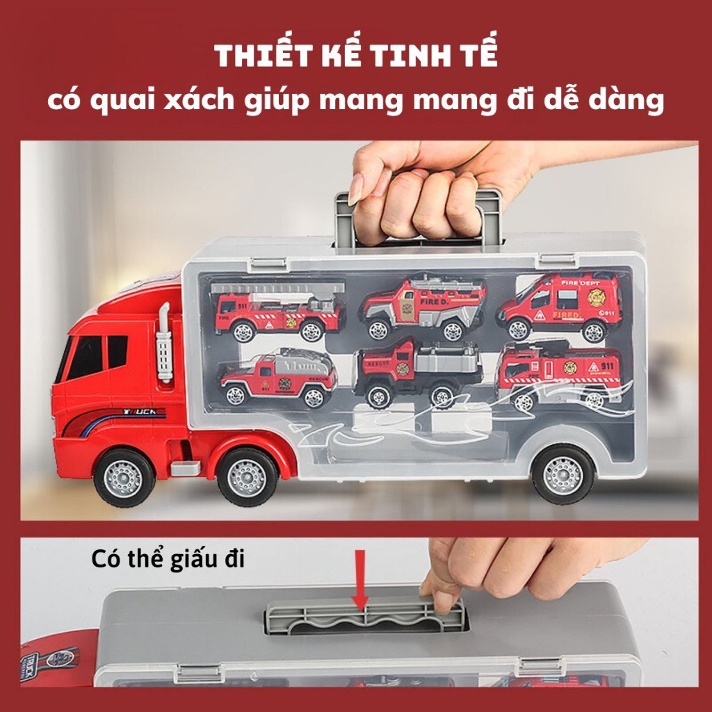 Bộ Đồ Chơi Xe Tải Chở Ô Tô 6 Trong 1, Gara Di Động Kèm 6 Xe Nhỏ Theo Chủ Đề Cứu Hỏa, Cảnh Sát
