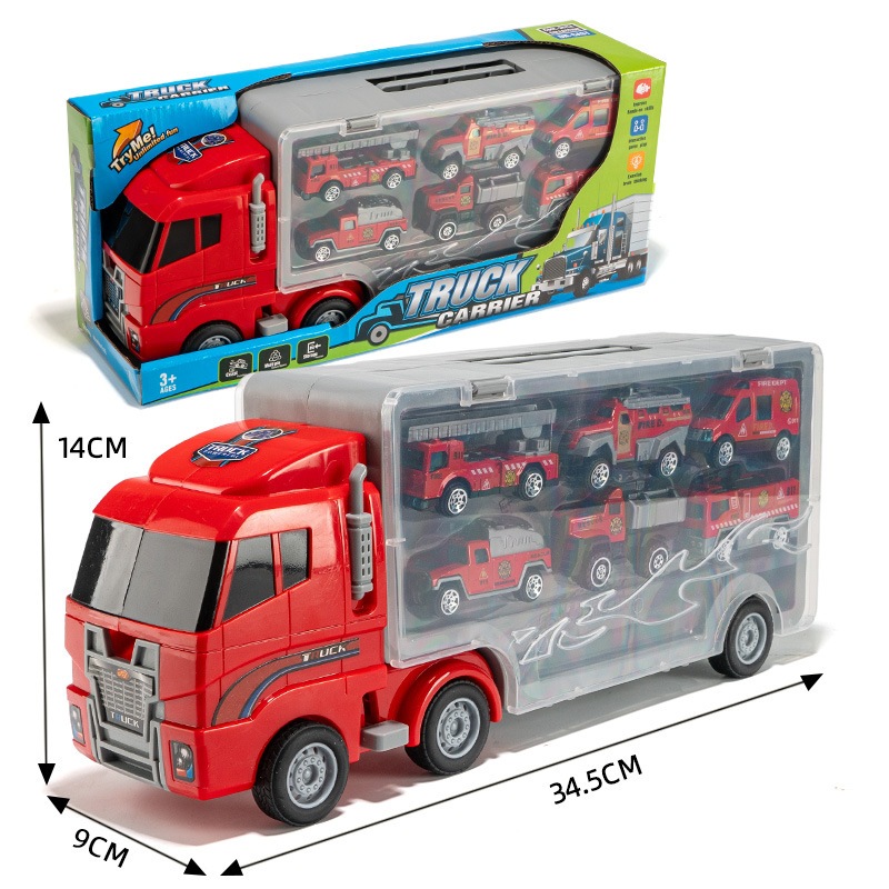 Bộ Đồ Chơi Xe Tải Chở Ô Tô 6 Trong 1, Gara Di Động Kèm 6 Xe Nhỏ Theo Chủ Đề Cứu Hỏa, Cảnh Sát