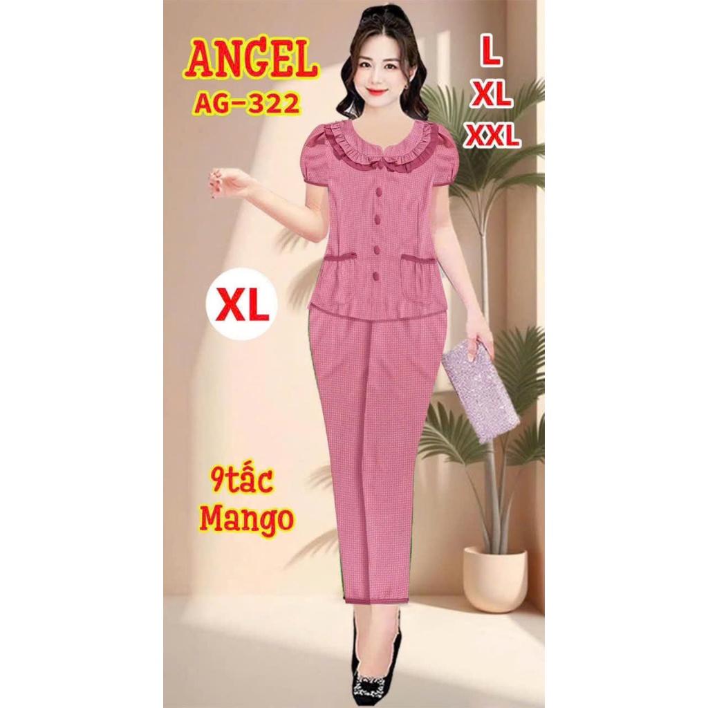 Đồ bộ nữ,đồ ngủ mặc nhà lửng 9 tấc vải lụa mango tay phồng cổ sen hoạ tiết caro dễ thương size 45-62kg.